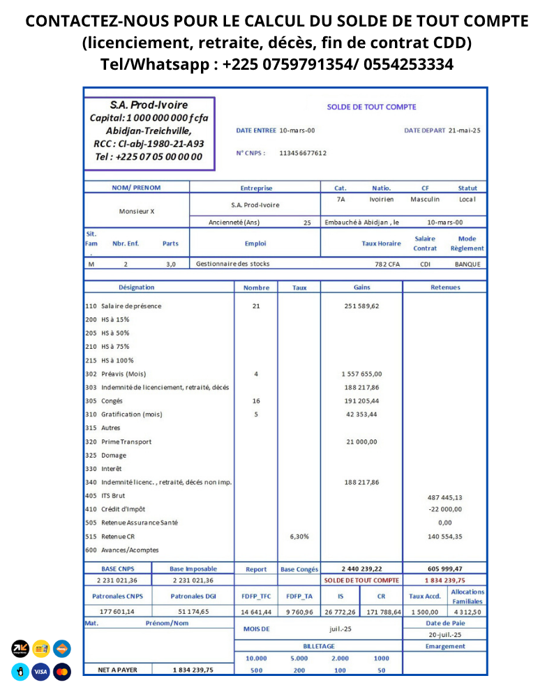 Offre de service de calcul du solde de tout compte(licenciement, retraite, décés...)